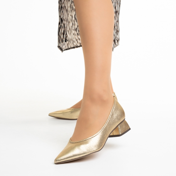 Γυναικεία παπούτσια  χρυσάφι από ύφασμα με τακούνι Ziva, 3 - Kalapod.gr