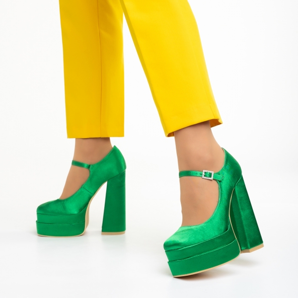 Γυναικεία παπούτσια με τακούνι πράσινα από ύφασμα Caira, 3 - Kalapod.gr