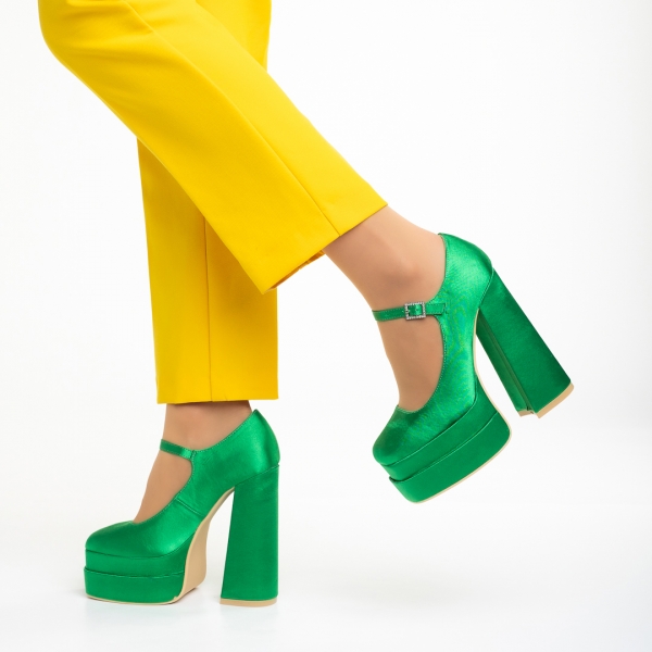 Γυναικεία παπούτσια με τακούνι πράσινα από ύφασμα Caira, 4 - Kalapod.gr