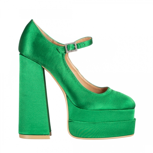 Γυναικεία παπούτσια με τακούνι πράσινα από ύφασμα Caira, 2 - Kalapod.gr