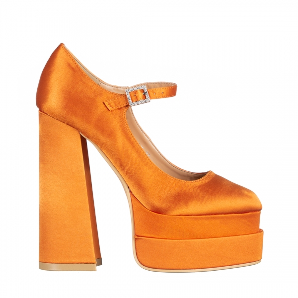 Γυναικεία παπούτσια με τακούνι πορτοκαλί από ύφασμα Caira, 2 - Kalapod.gr