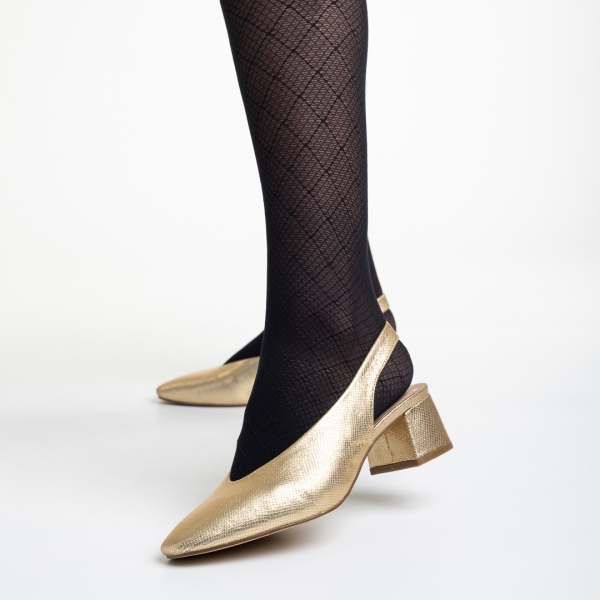 Γυναικεία παπούτσια  χρυσάφι από οικολογικό δέρμα με τακούνι Zelda, 3 - Kalapod.gr