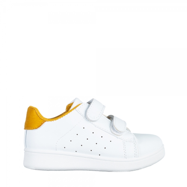 Παιδικά αθλητικά παπούτσια  λευκά με κίτρινο από οικολογικό δέρμα  Artio, 2 - Kalapod.gr