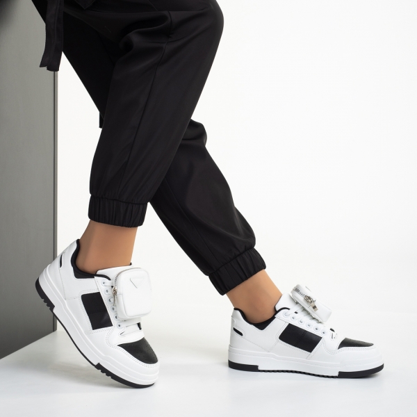 Γυναικεία αθλητικά παπούτσια λευκά με μαύρο από οικολογικό δέρμα  Inola, 5 - Kalapod.gr