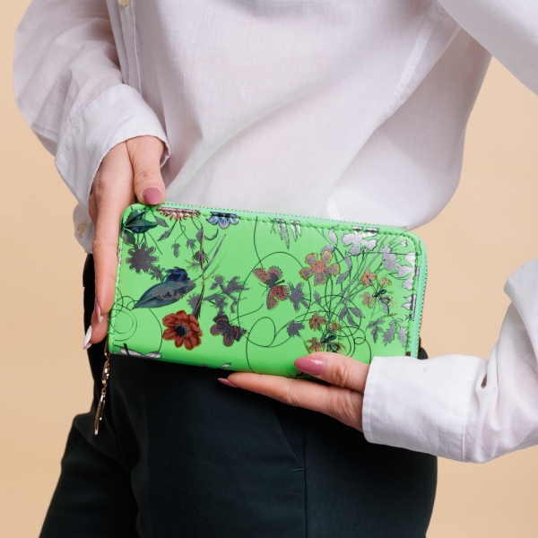 Γυναικείο πορτοφόλι πράσινο με λουλούδια  από οικολογικό δέρμα  Rosenda - Kalapod.gr