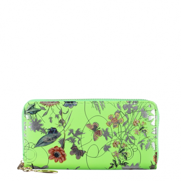 Γυναικείο πορτοφόλι πράσινο με λουλούδια  από οικολογικό δέρμα  Rosenda, 2 - Kalapod.gr
