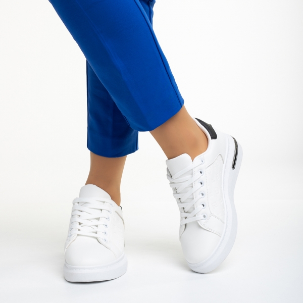 Γυναικεία αθλητικά παπούτσια  λευκά με μαύρο από οικολογικό δέρμα Denesha, 3 - Kalapod.gr