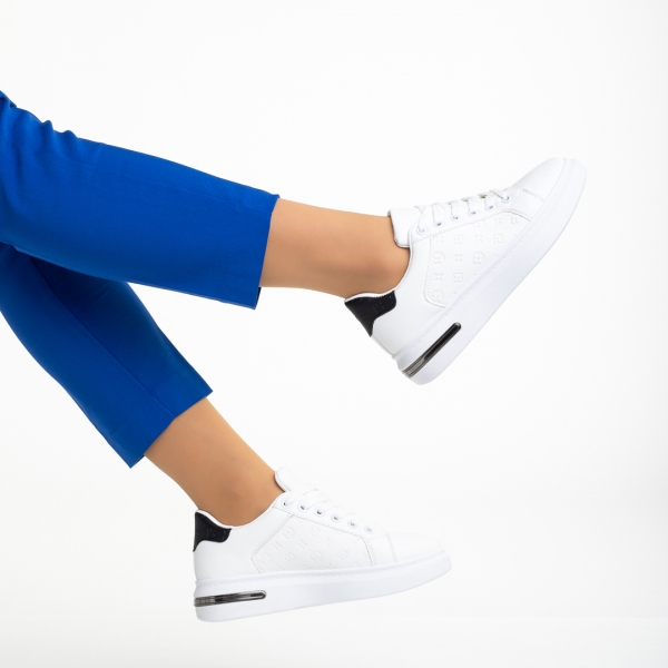 Γυναικεία αθλητικά παπούτσια  λευκά με μαύρο από οικολογικό δέρμα Denesha, 6 - Kalapod.gr