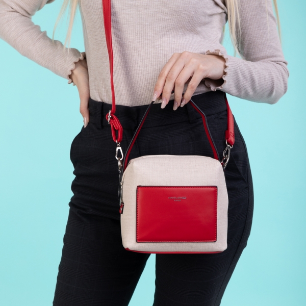 Γυναικεία τσάντα David Jones μπεζ με κόκκινο από ύφασμα  Maristella - Kalapod.gr