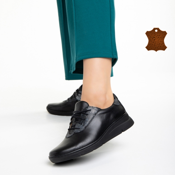 Γυναικεία casual παπούτσια μαύρα με γκρί από φυσικό δέρμα Anahita - Kalapod.gr