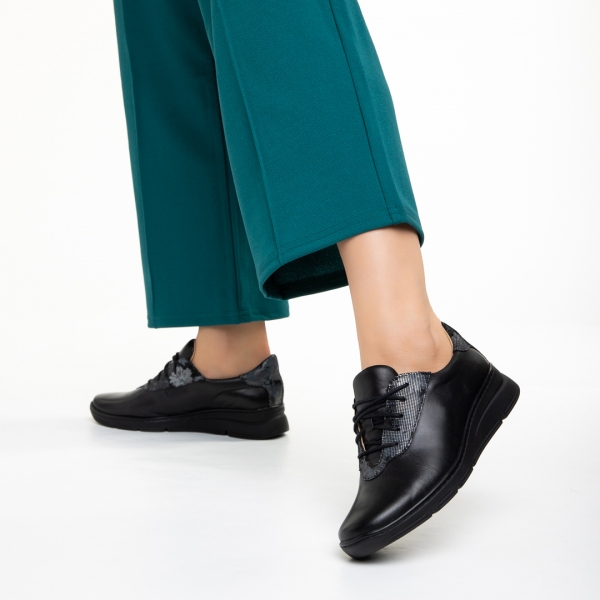 Γυναικεία casual παπούτσια μαύρα με γκρί από φυσικό δέρμα Anahita, 3 - Kalapod.gr