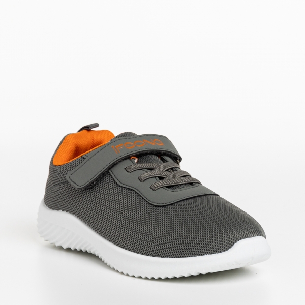 Παιδικά αθλητικά παπούτσια γκρί με πορτοκαλί από ύφασμα Amie, 3 - Kalapod.gr