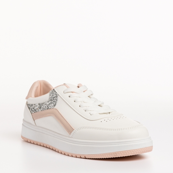 Γυναικεία αθλητικά παπούτσια  λευκά με ροζ από οικολογικό δέρμα Damiana - Kalapod.gr