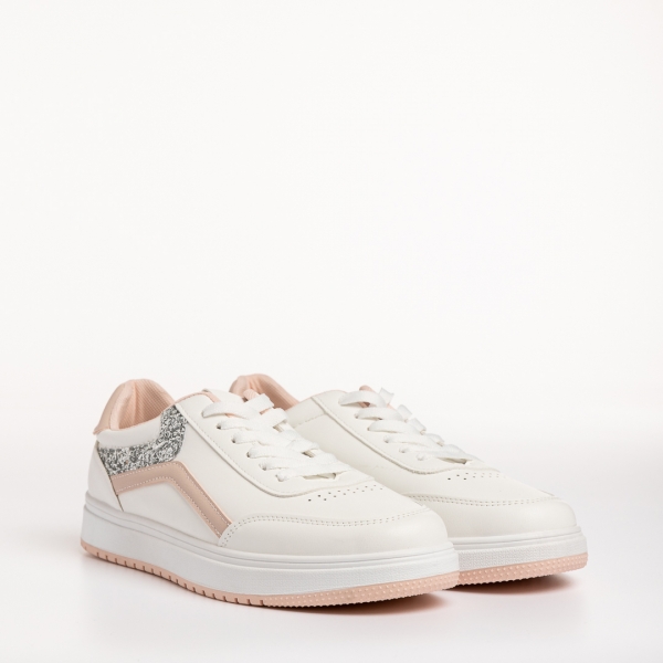 Γυναικεία αθλητικά παπούτσια  λευκά με ροζ από οικολογικό δέρμα Damiana, 3 - Kalapod.gr