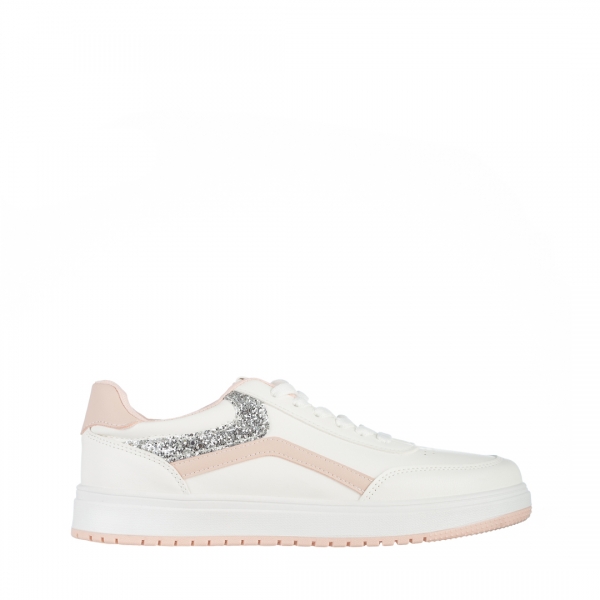 Γυναικεία αθλητικά παπούτσια  λευκά με ροζ από οικολογικό δέρμα Damiana, 2 - Kalapod.gr