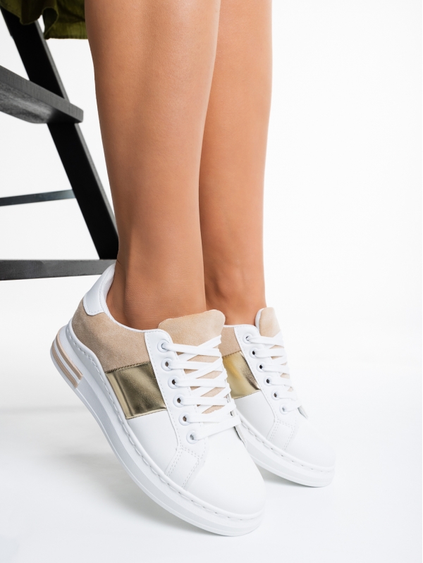 Γυναικεία αθλητικά παπούτσια λευκά με μπεζ από οικολογικό δέρμα Nedelya - Kalapod.gr