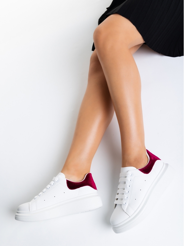 Γυναικεία αθλητικά παπούτσια  λευκά  με μπορντό από οικολογικό δέρμα  Manola - Kalapod.gr