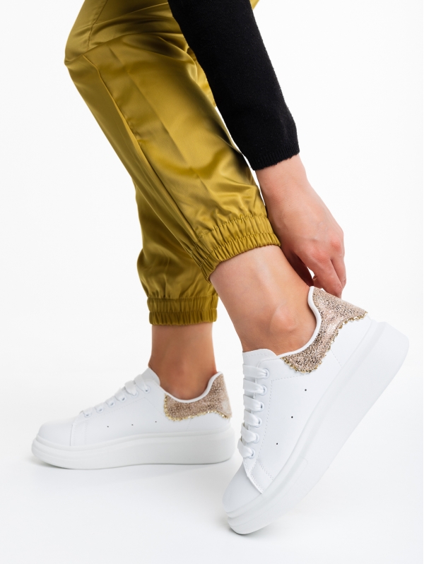 Γυναικεία αθλητικά παπούτσια  λευκά  με χρυσάφι από οικολογικό δέρμα  Nanaya, 4 - Kalapod.gr