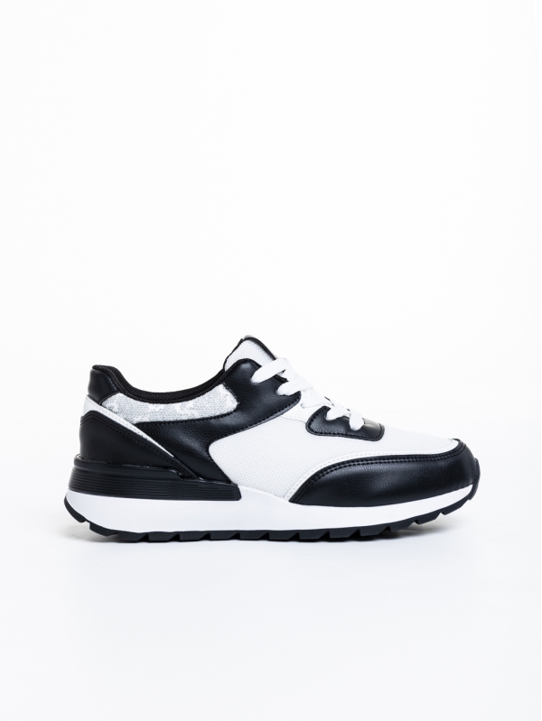 Γυναικεία αθλητικά παπούτσια  μαύρα με λευκά από οικολογικό δέρμα και ύφασμα Joandra, 5 - Kalapod.gr