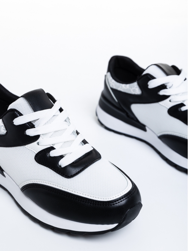 Γυναικεία αθλητικά παπούτσια  μαύρα με λευκά από οικολογικό δέρμα και ύφασμα Joandra, 6 - Kalapod.gr