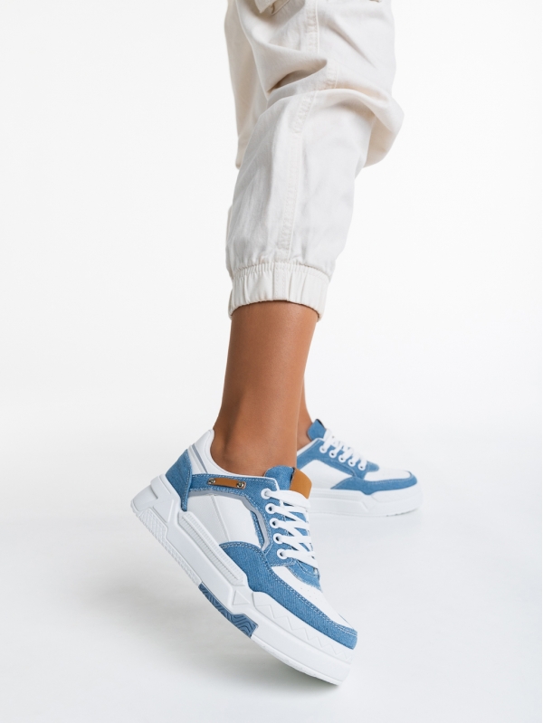 Γυναικεία αθλητικά παπούστσια  λευκά  με μπλε ανοιχτό  από οικολογικό δέρμα  Tasnia, 2 - Kalapod.gr