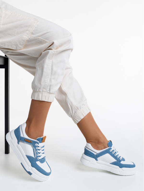 Γυναικεία αθλητικά παπούστσια  λευκά  με μπλε ανοιχτό  από οικολογικό δέρμα  Tasnia, 4 - Kalapod.gr