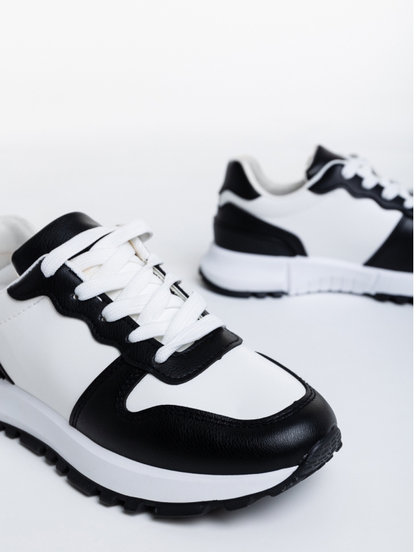Γυναικεία αθλητικά παπούτσια λευκά με μαύρο από οικολογικό δέρμα Lareina, 6 - Kalapod.gr