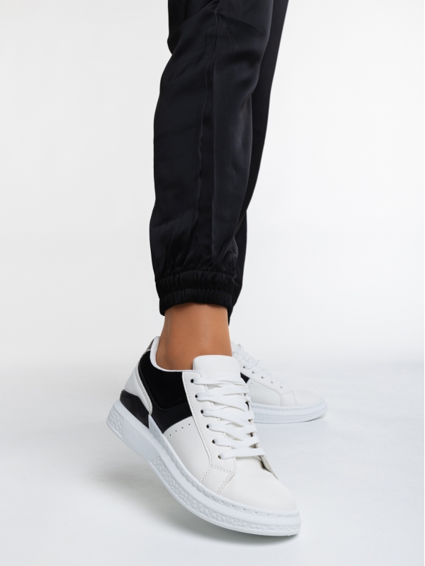Γυναικεία αθλητικά παπούτσια  λευκά με μαύρο από οικολογικό δέρμα  Alisha, 2 - Kalapod.gr
