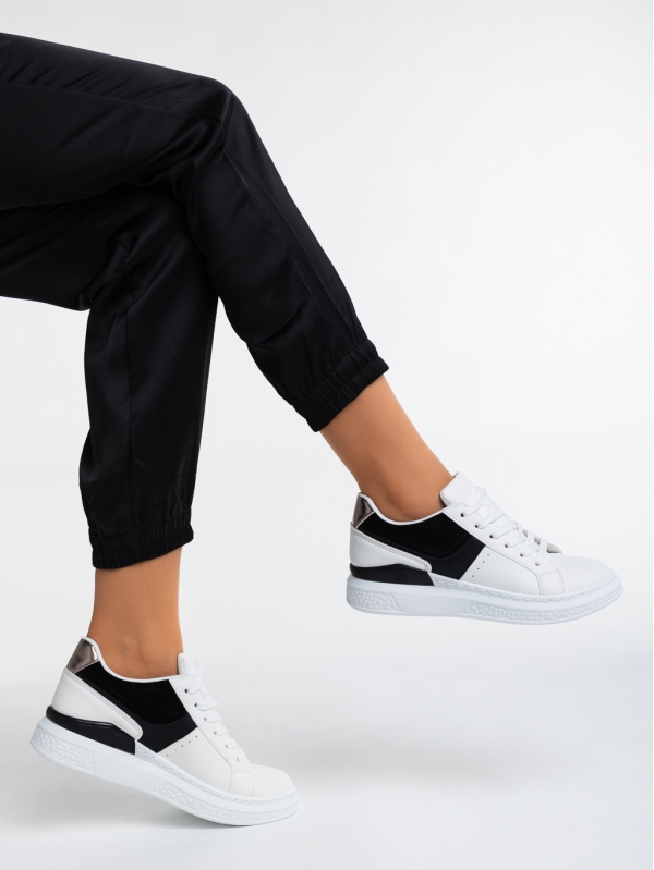 Γυναικεία αθλητικά παπούτσια  λευκά με μαύρο από οικολογικό δέρμα  Alisha - Kalapod.gr