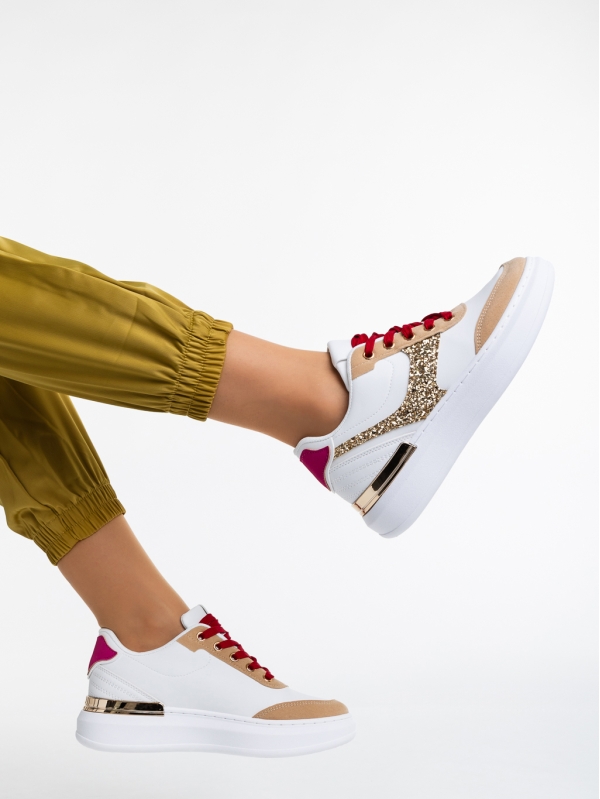 Γυναικεία αθλητικά παπούτσια λευκά  με χρυσάφι από οικολογικό δέρμα  Samya, 3 - Kalapod.gr