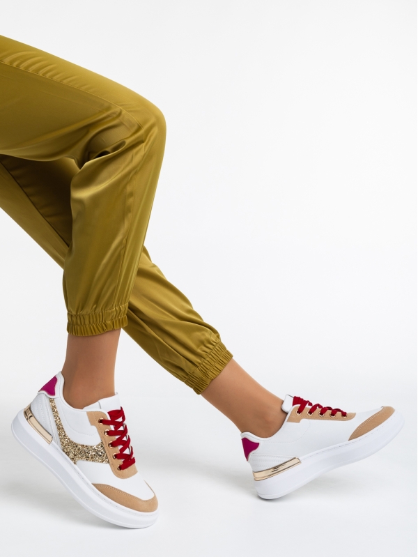 Γυναικεία αθλητικά παπούτσια λευκά  με χρυσάφι από οικολογικό δέρμα  Samya, 4 - Kalapod.gr