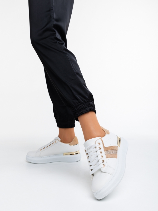 Γυναικεία αθλητικά παπούτσια  λευκά με μπεζ από οικολογικό δέρμα  Fannia, 2 - Kalapod.gr