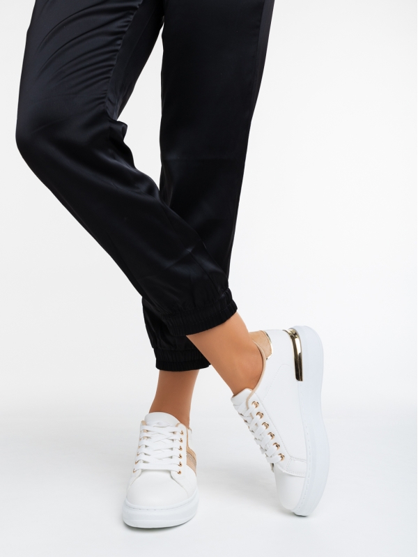 Γυναικεία αθλητικά παπούτσια  λευκά με μπεζ από οικολογικό δέρμα  Fannia, 3 - Kalapod.gr