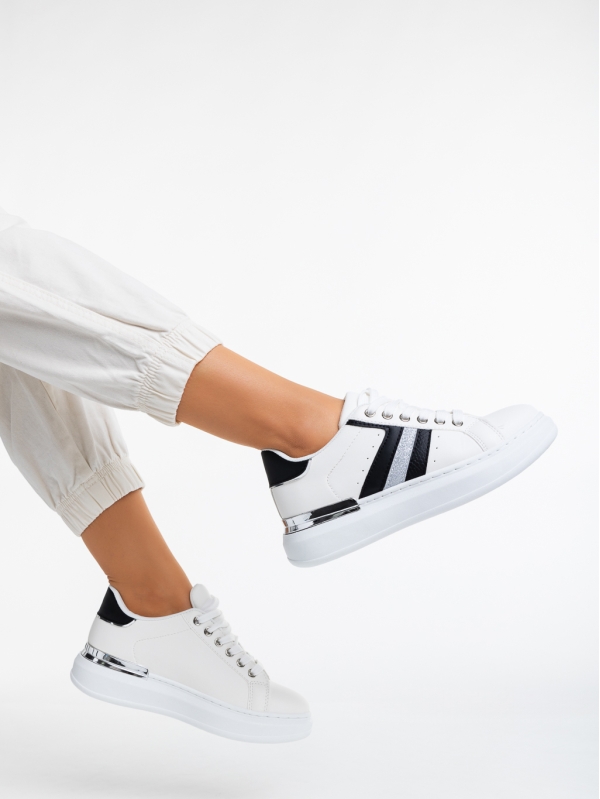 Γυναικεία αθλητικά παπούτσια  λευκά με μαύρο από οικολογικό δέρμα  Fannia, 4 - Kalapod.gr