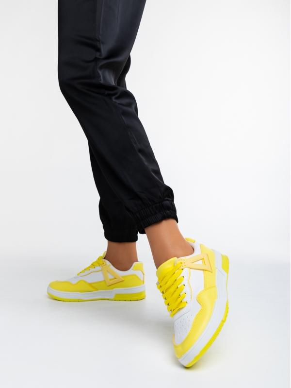 Γυναικεία αθλητικά παπούτσια  λευκά με κίτρινο από οικολογικό δέρμα  Milla, 3 - Kalapod.gr