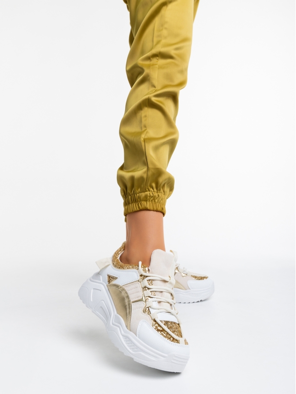 Γυναικεία αθλητικά παπούτσια  λευκά με χρυσάφι από οικολογικό δέρμα και ύφασμα  Reena, 2 - Kalapod.gr