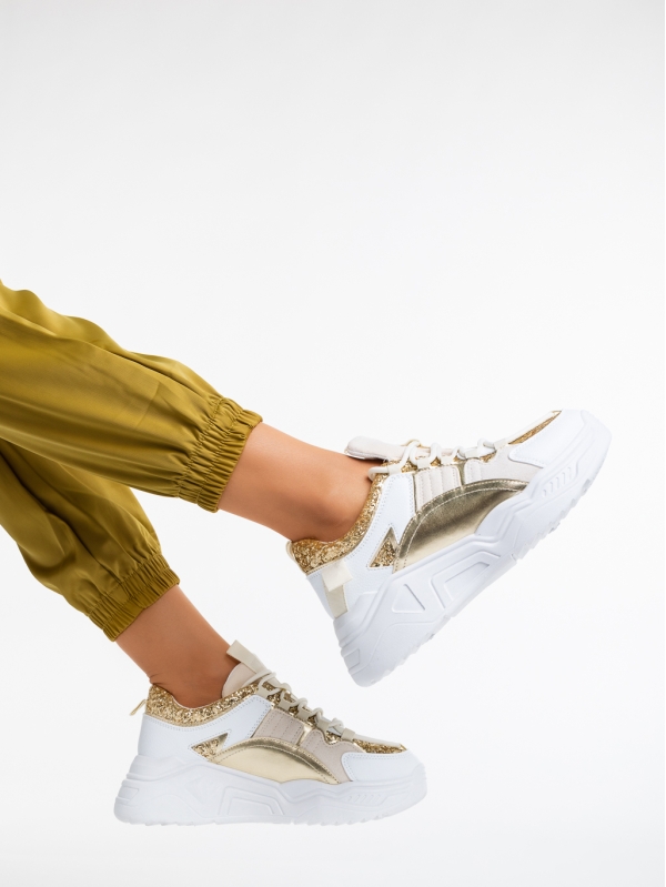 Γυναικεία αθλητικά παπούτσια  λευκά με χρυσάφι από οικολογικό δέρμα και ύφασμα  Reena, 3 - Kalapod.gr