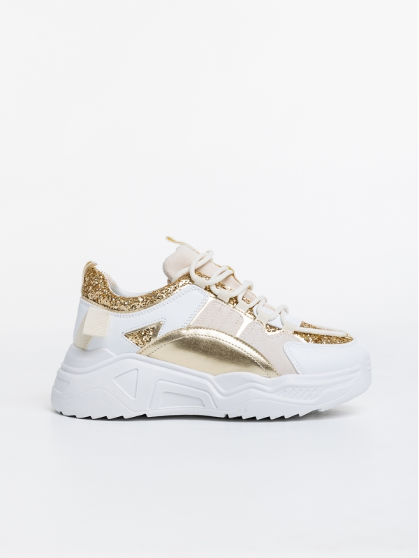 Γυναικεία αθλητικά παπούτσια  λευκά με χρυσάφι από οικολογικό δέρμα και ύφασμα  Reena, 5 - Kalapod.gr