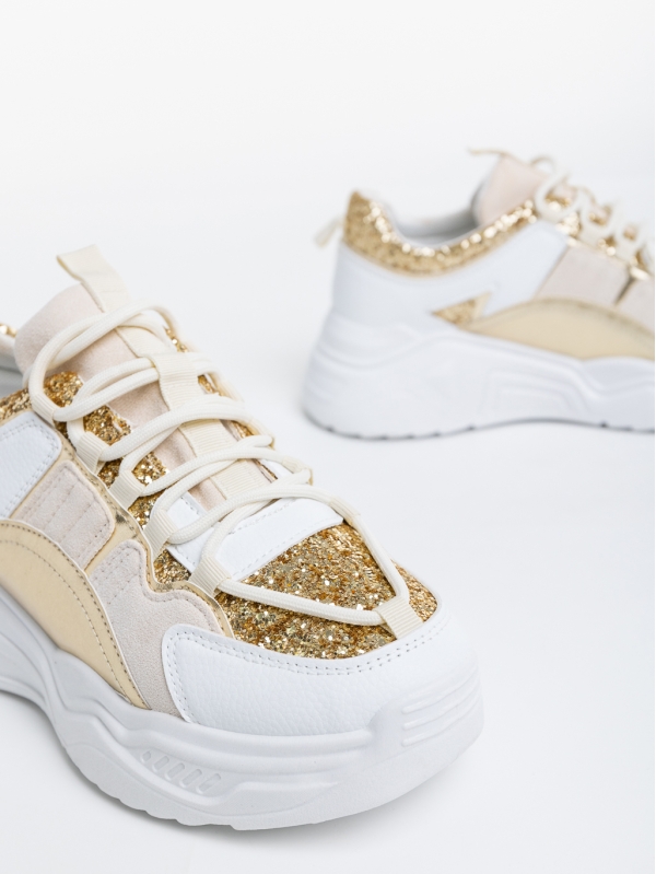 Γυναικεία αθλητικά παπούτσια  λευκά με χρυσάφι από οικολογικό δέρμα και ύφασμα  Reena, 6 - Kalapod.gr