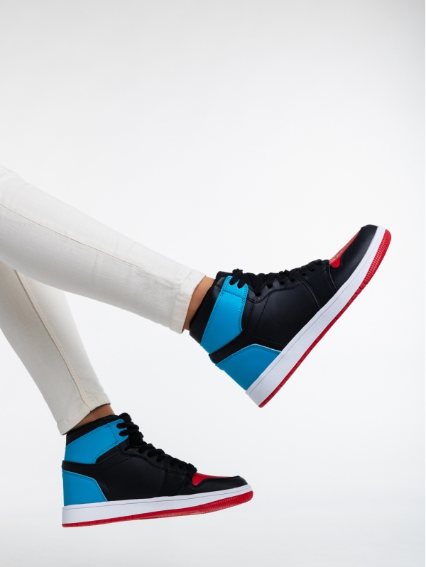 Γυναικεία αθλητικά παπούτσια μαύρα με κόκκινο και μπλε από οικολογικό δέρμα Cass, 4 - Kalapod.gr