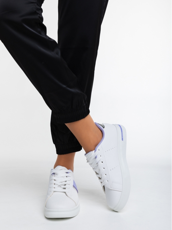 Γυναικεία αθλητικά παπούτσια  λευκά με μωβ από οικολογικό δέρμα  Ermelinda, 2 - Kalapod.gr