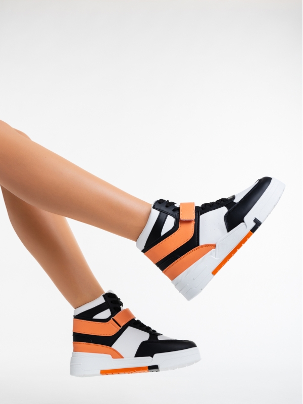 Γυναικεία αθλητικά παπούτσια μαύρα με πορτοκάλι από οικολογικό δέρμα Madyson - Kalapod.gr