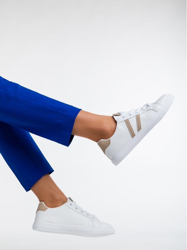 Γυναικεία αθλητικά παπούτσια λευκά με μπεζ από οικολογικό δέρμα Virva - Kalapod.gr