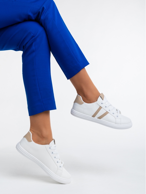 Γυναικεία αθλητικά παπούτσια λευκά με μπεζ από οικολογικό δέρμα Virva, 4 - Kalapod.gr