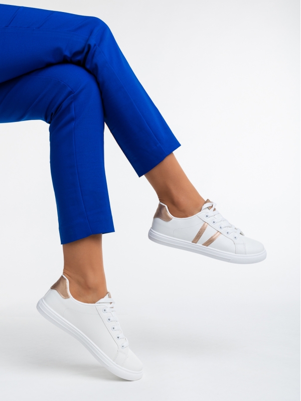 Γυναικεία αθλητικά παπούτσια λευκά με σαμπανί από οικολογικό δέρμα Virva, 4 - Kalapod.gr