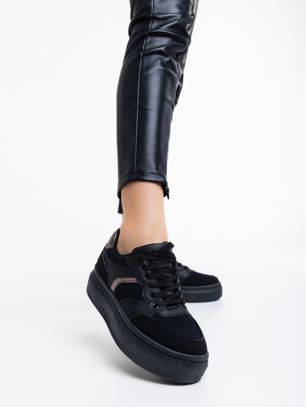 Γυναικεία αθλητικά παπούτσια μαύρα από οικολογικό δέρμα και ύφασμα Geena, 2 - Kalapod.gr