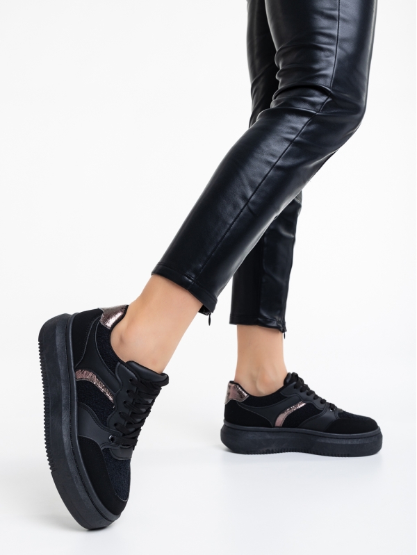 Γυναικεία αθλητικά παπούτσια μαύρα από οικολογικό δέρμα και ύφασμα Geena, 3 - Kalapod.gr