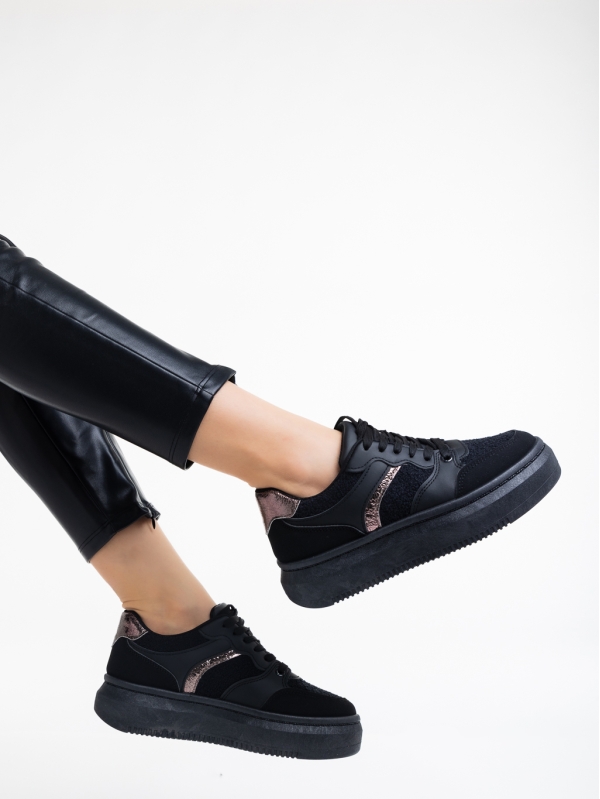 Γυναικεία αθλητικά παπούτσια μαύρα από οικολογικό δέρμα και ύφασμα Geena, 4 - Kalapod.gr