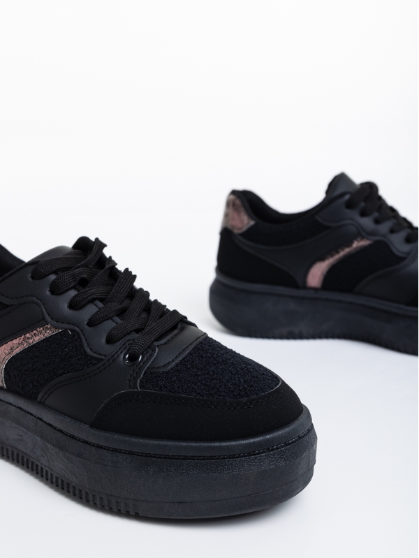 Γυναικεία αθλητικά παπούτσια μαύρα από οικολογικό δέρμα και ύφασμα Geena, 6 - Kalapod.gr