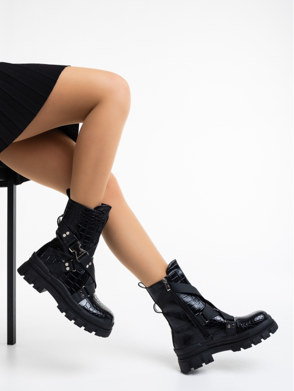 Γυναικεία μπότακια μαύρα από οικολογικό δέρμα λουστρίνι Lanikai, 3 - Kalapod.gr